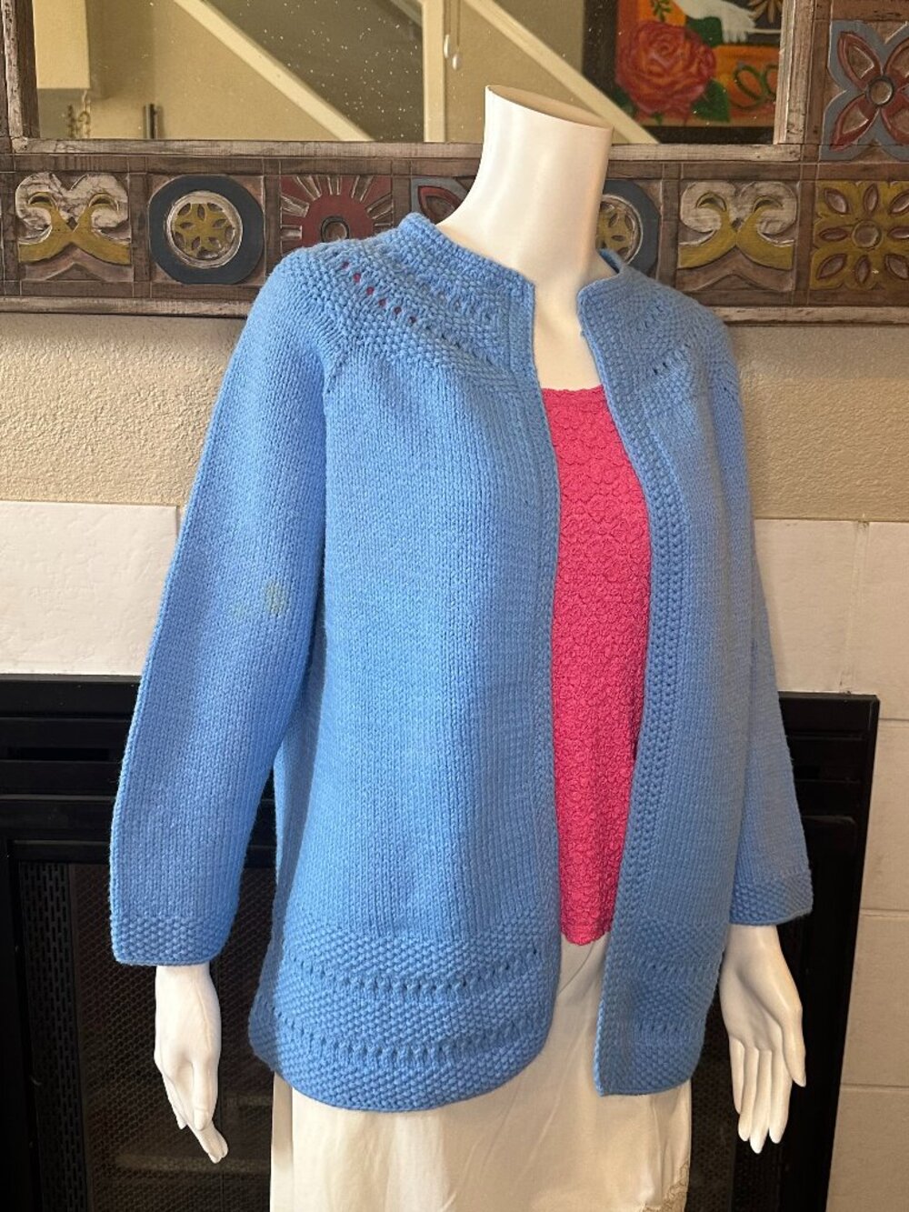 Hand Knit XL Blue Chunky Knit Heavy Button Up Cardigan Jacket ~ See Description
